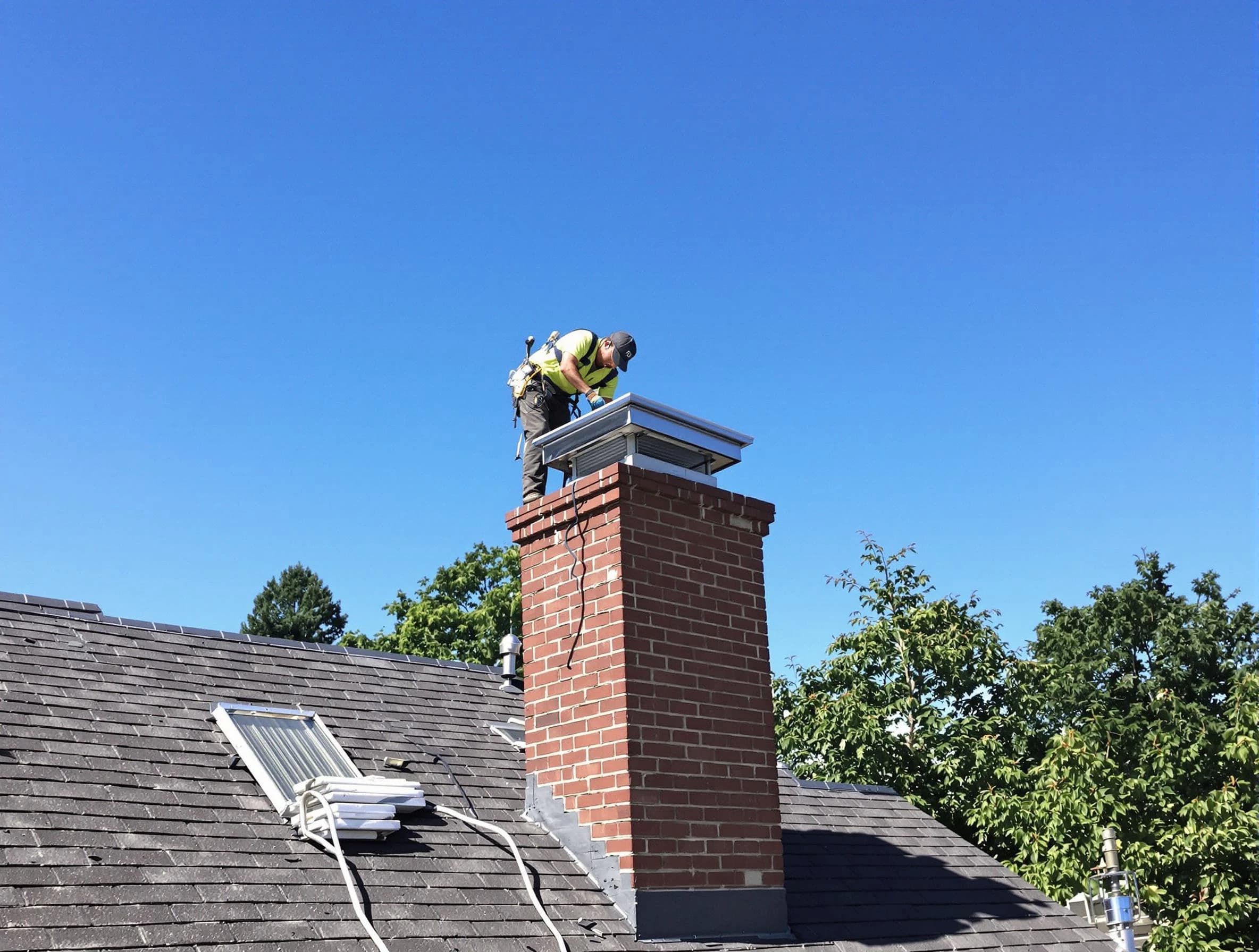 Alabaster Chimney Sweep technician measuring a chimney cap in Alabaster, AL